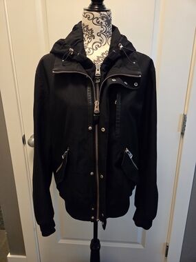 Men's Mackage Black Hooded Jacket with Silver Hardware Bomber Style